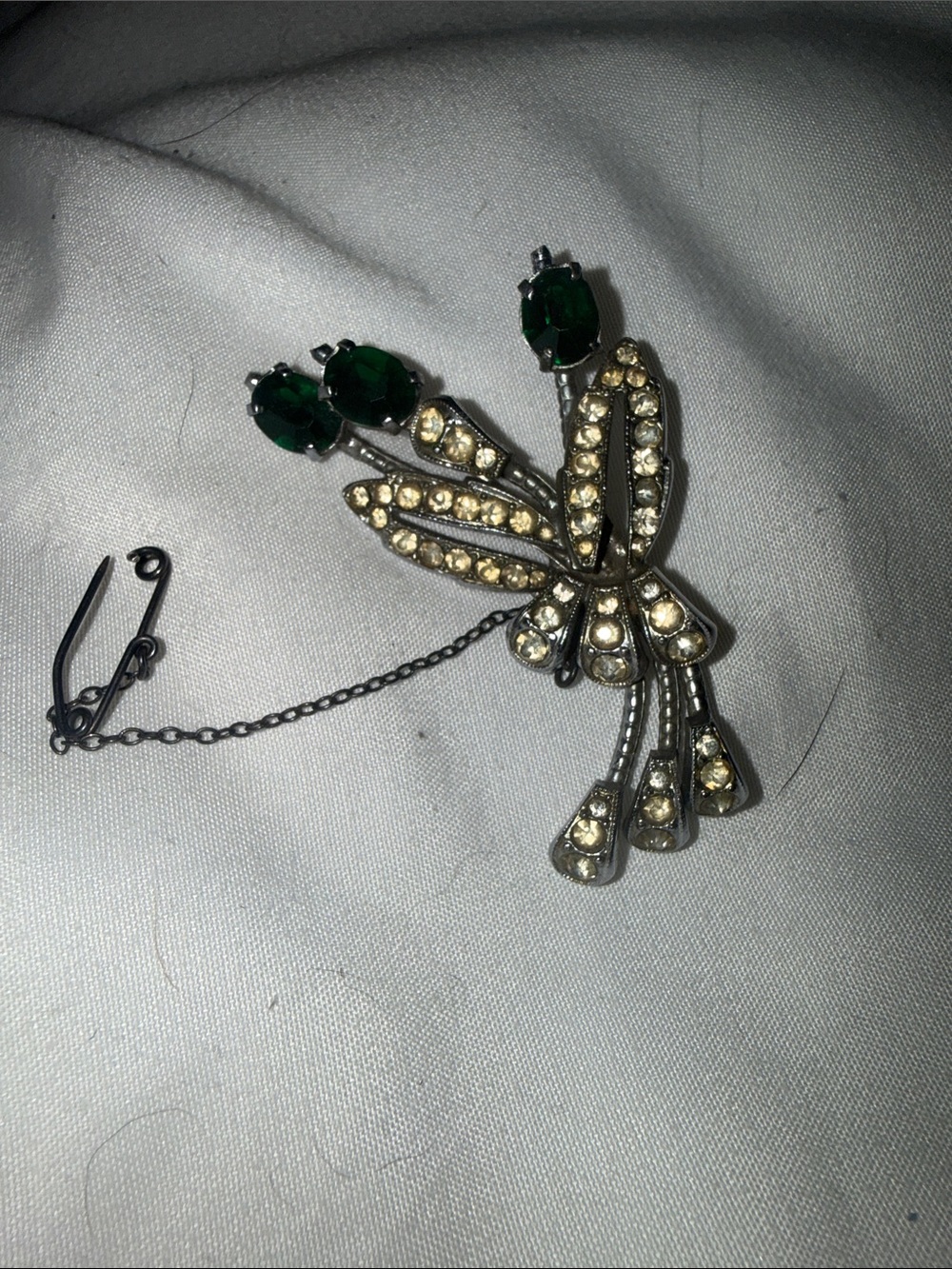 Green and silver Floral Crystal Brooch with Safety Chain